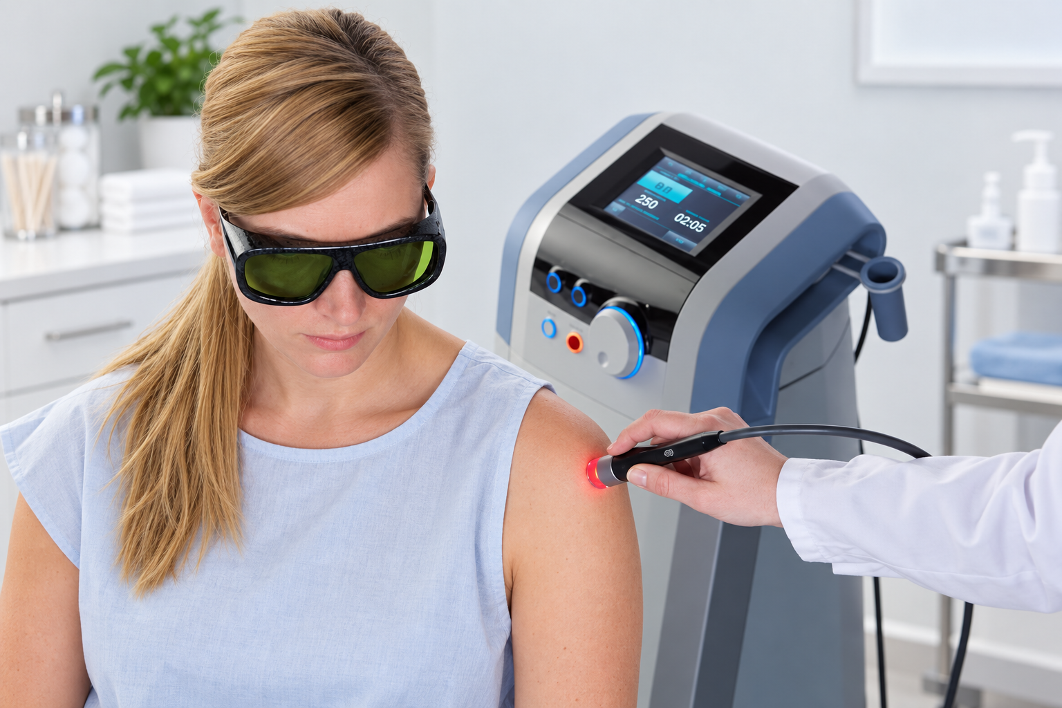 Immagine rielaborata di laserterapia alla spalla con occhiali protettivi